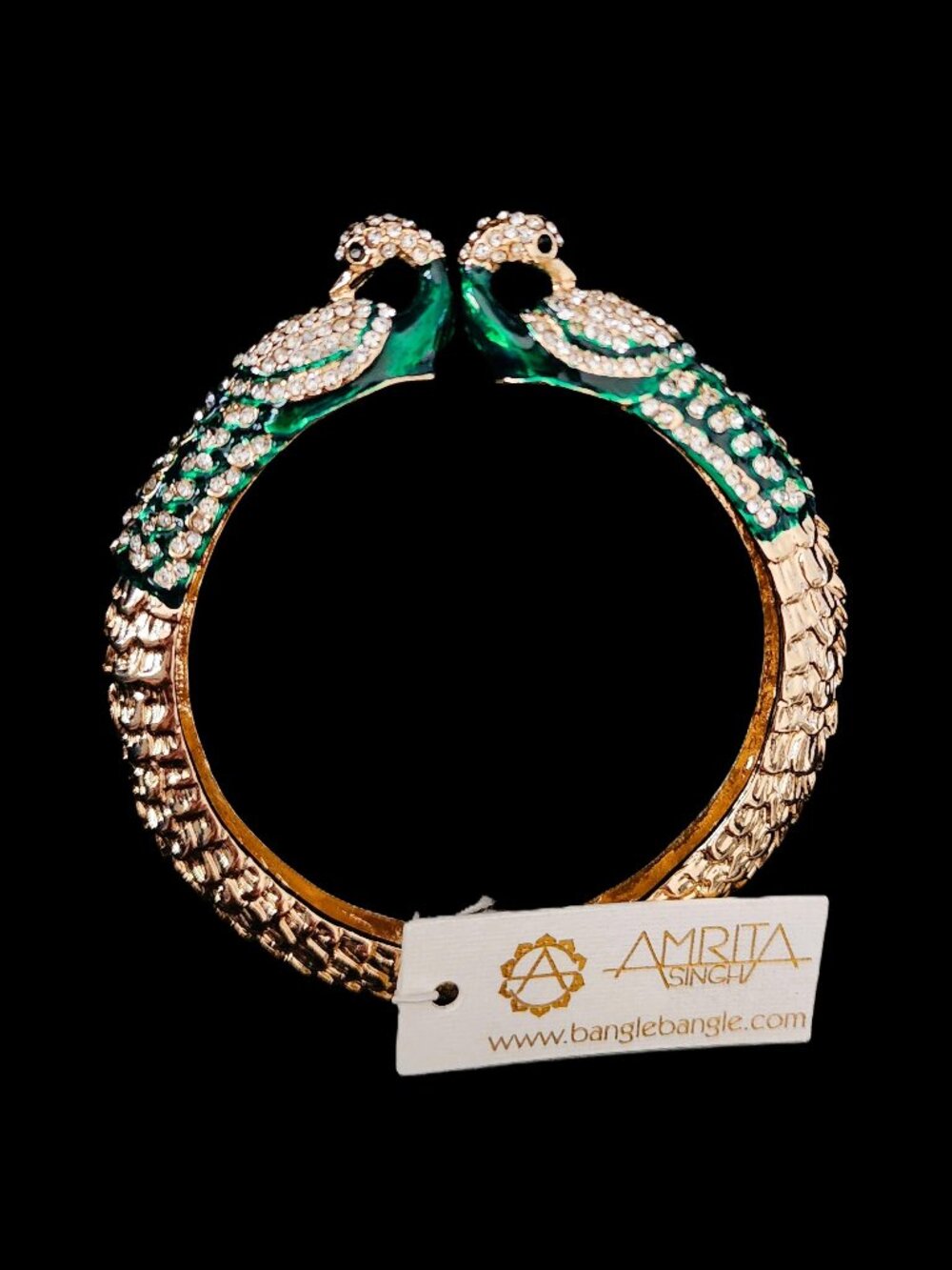 NWT Vintage 2010 Amrita Singh Emerald Peacock Crystal Hinge Bangle Bracelet
